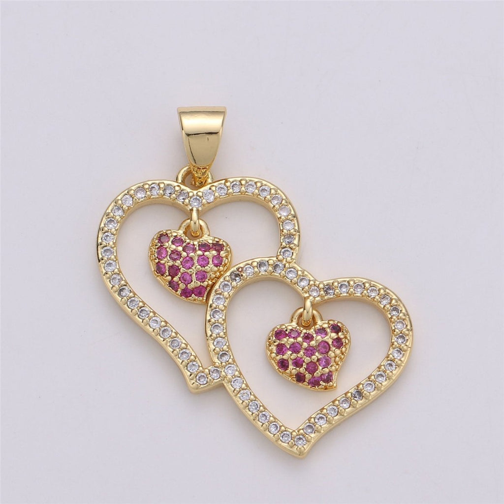 Micro Pave Double Heart Pendant Cubic Twin Heart Charm 14k Gold plated linked Heart Charm Earrings Necklace Component I-588 - DLUXCA