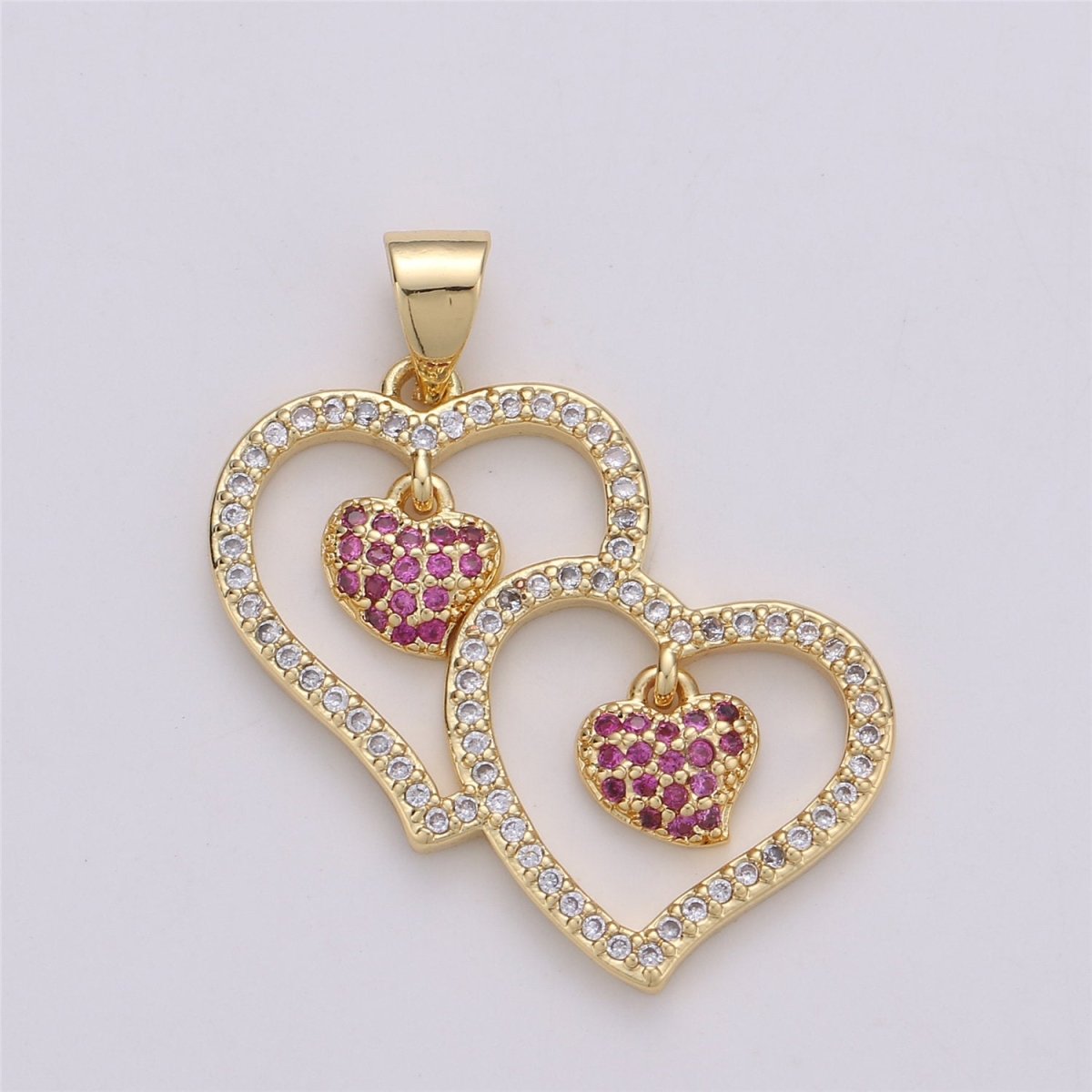 Micro Pave Double Heart Pendant Cubic Twin Heart Charm 14k Gold plated linked Heart Charm Earrings Necklace Component I-588 - DLUXCA