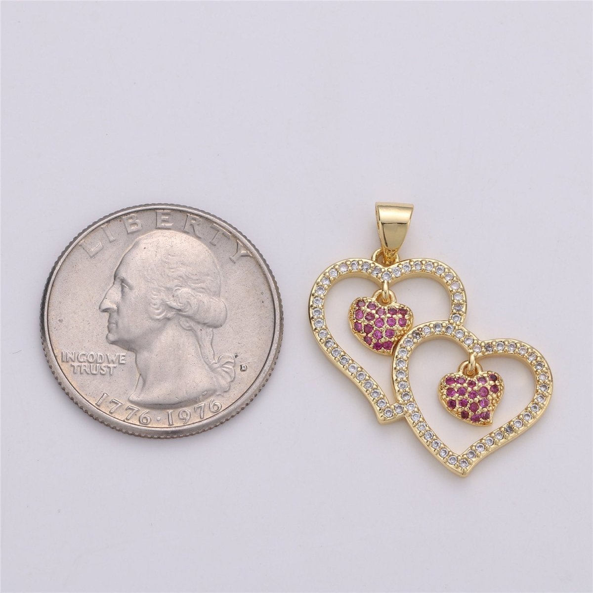 Micro Pave Double Heart Pendant Cubic Twin Heart Charm 14k Gold plated linked Heart Charm Earrings Necklace Component I-588 - DLUXCA