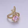 Micro Pave Easter Bunny Ring With Pink Cz Stone Rabbit Open Adjustable Ring S-373 - DLUXCA