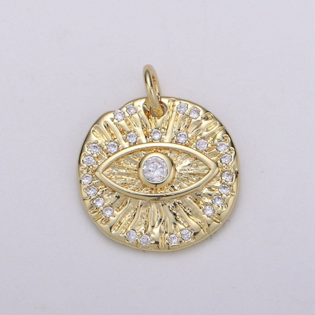 Micro Pave Evil eye Charm, Gold Medallion with Cubic Pendant, Dainty Evil Eye Charm, Bohemian Jewelry Amulet Protection Necklace Supply C-820 - DLUXCA