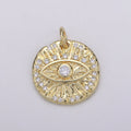Micro Pave Evil eye Charm, Gold Medallion with Cubic Pendant, Dainty Evil Eye Charm, Bohemian Jewelry Amulet Protection Necklace Supply C-820 - DLUXCA