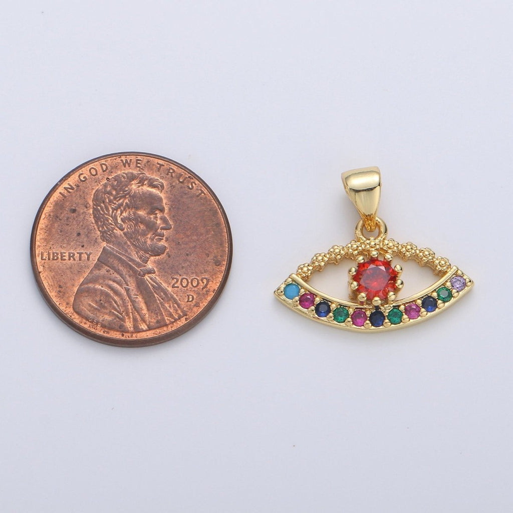 Micro Pave Evil eye charm in 14K gold plated Cubic Evil eye pendant Multi Color CZ Charm I-812 - DLUXCA