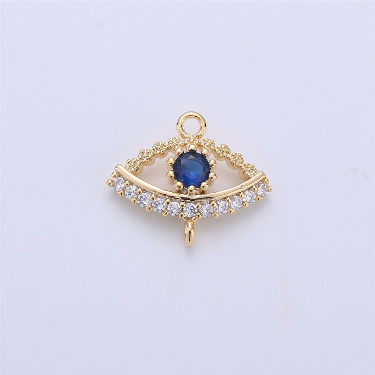 Micro Pave Evil Eye Connector 12x14mm, 2 open loops (1.5mm), Nickel free, 16K gold plated Cubic zirconia, Evil eye charm F-302 - DLUXCA