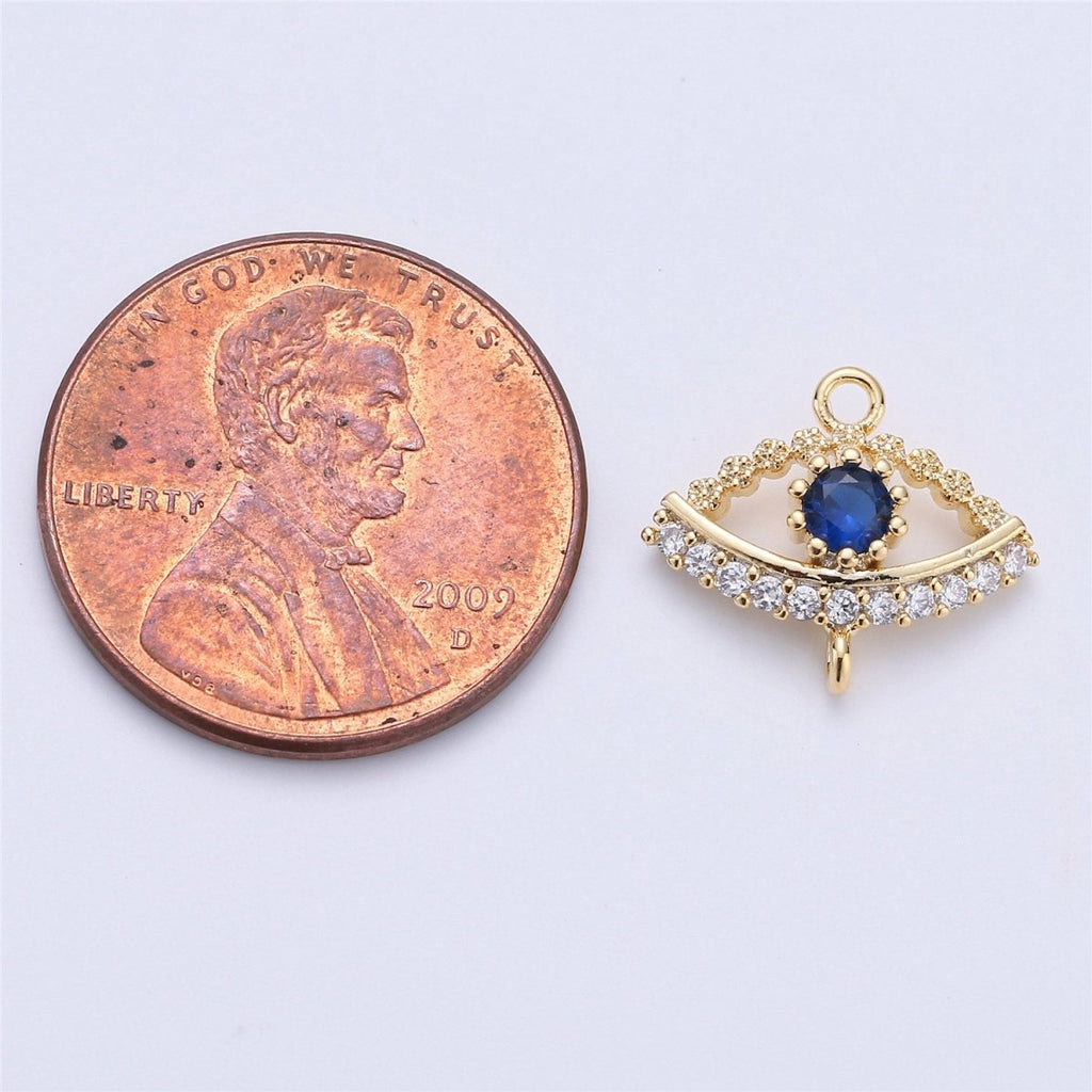 Micro Pave Evil Eye Connector 12x14mm, 2 open loops (1.5mm), Nickel free, 16K gold plated Cubic zirconia, Evil eye charm F-302 - DLUXCA
