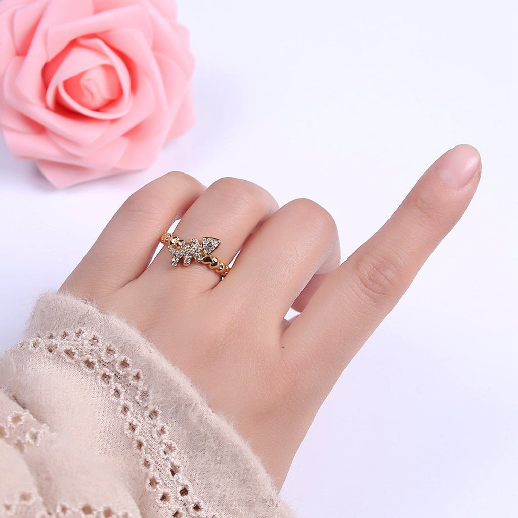 Micro Pave Fish Bone Ring, Heart Textured Gold Adjustable Band Ring, 24K Gold plated Nature Ocean Wildlife Under The Sea Ring U-438 - DLUXCA