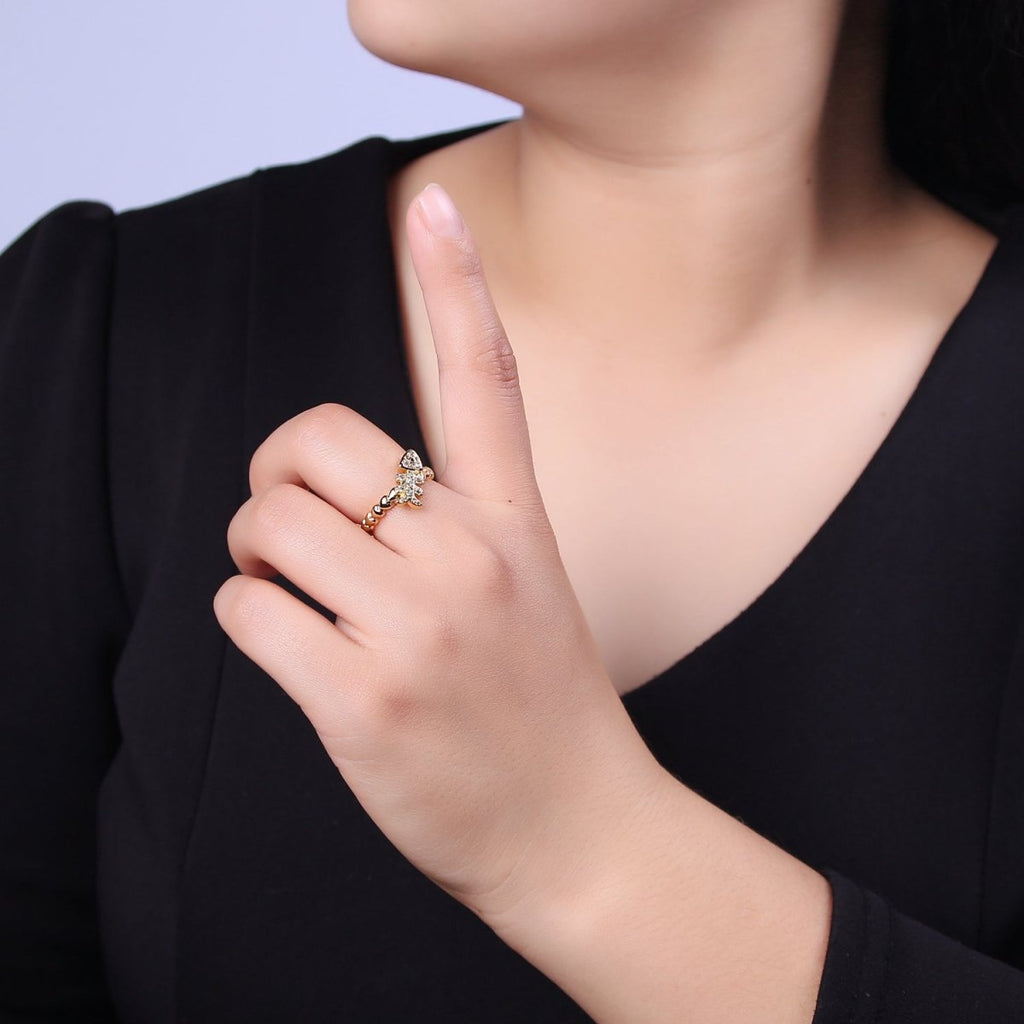 Micro Pave Fish Bone Ring, Heart Textured Gold Adjustable Band Ring, 24K Gold plated Nature Ocean Wildlife Under The Sea Ring U-438 - DLUXCA