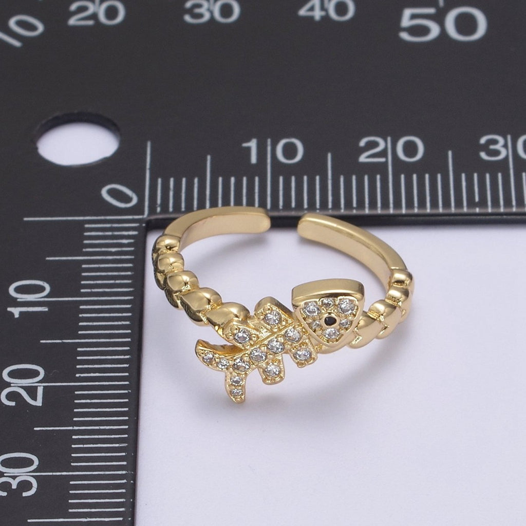 Micro Pave Fish Bone Ring, Heart Textured Gold Adjustable Band Ring, 24K Gold plated Nature Ocean Wildlife Under The Sea Ring U-438 - DLUXCA