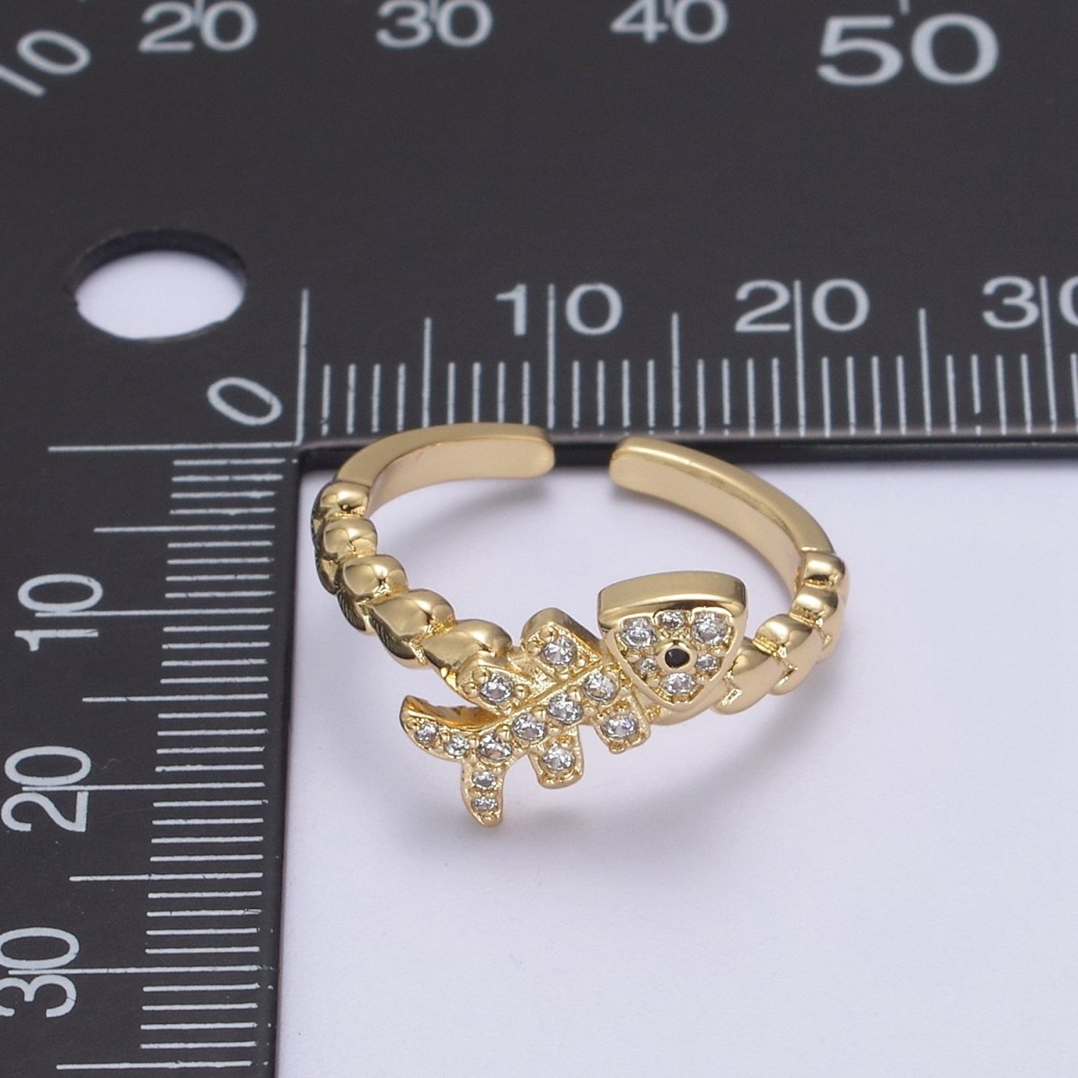 Micro Pave Fish Bone Ring, Heart Textured Gold Adjustable Band Ring, 24K Gold plated Nature Ocean Wildlife Under The Sea Ring U-438 - DLUXCA