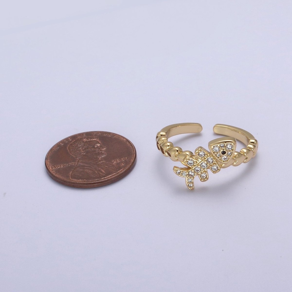Micro Pave Fish Bone Ring, Heart Textured Gold Adjustable Band Ring, 24K Gold plated Nature Ocean Wildlife Under The Sea Ring U-438 - DLUXCA