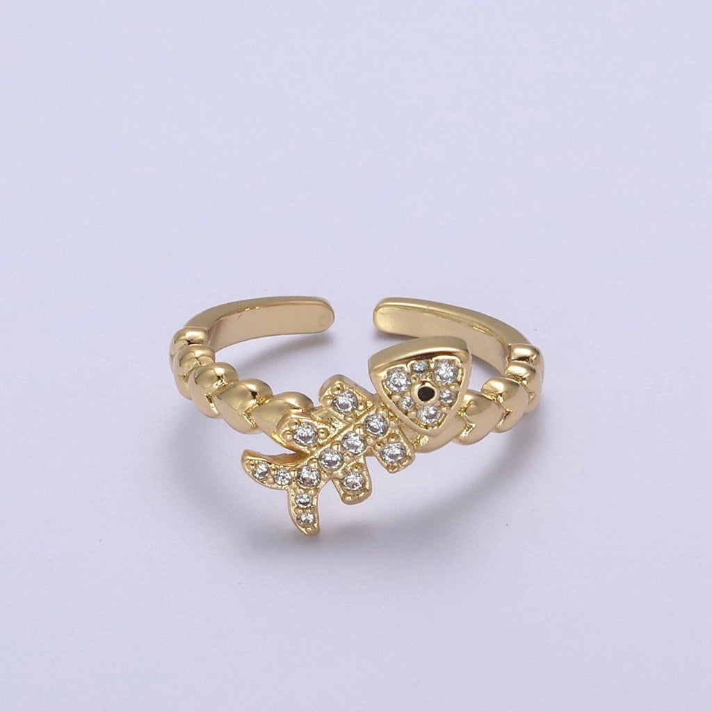 Micro Pave Fish Bone Ring, Heart Textured Gold Adjustable Band Ring, 24K Gold plated Nature Ocean Wildlife Under The Sea Ring U-438 - DLUXCA