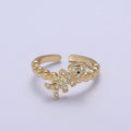 Micro Pave Fish Bone Ring, Heart Textured Gold Adjustable Band Ring, 24K Gold plated Nature Ocean Wildlife Under The Sea Ring U-438 - DLUXCA