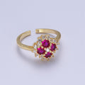 Micro Pave Four Fuchsia Cubic Zirconia Flower Adjustable Gold Ring S-221 - DLUXCA