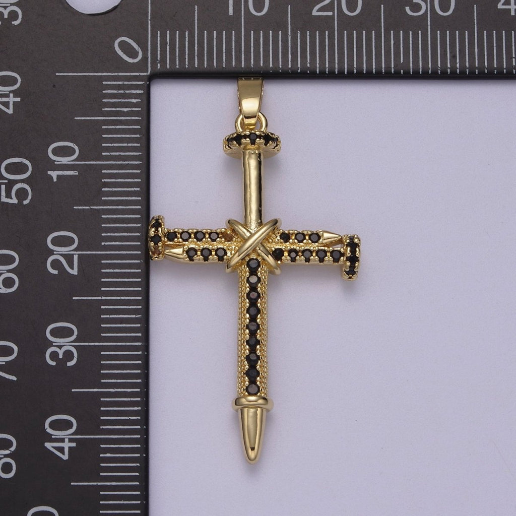 Micro Pave Gold Cross Pendant with Clear / Black Cz Stone N-592 N-593 - DLUXCA