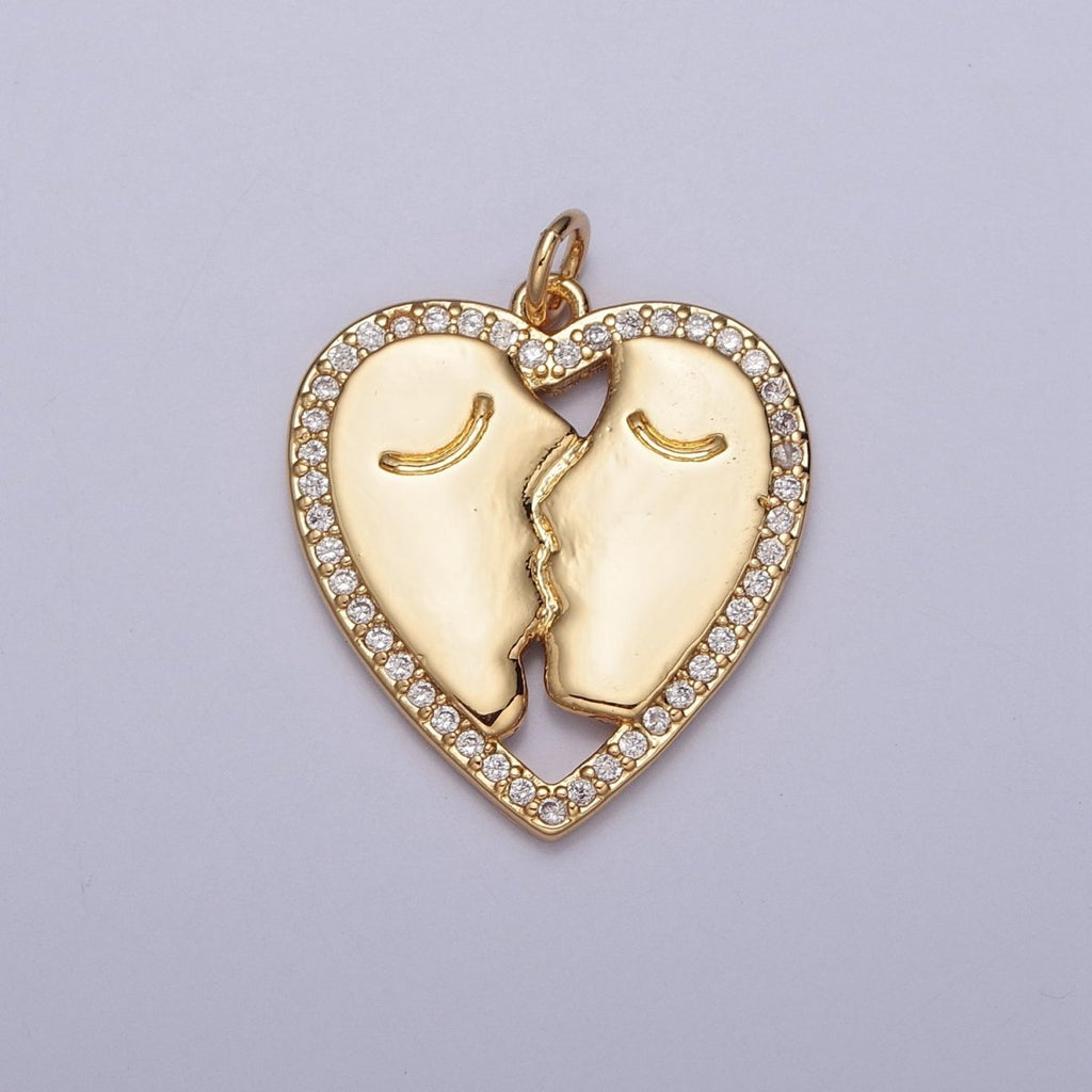 Micro Pave Gold Heart, Lovers Couple Charm For Jewelry Making X-128 - DLUXCA