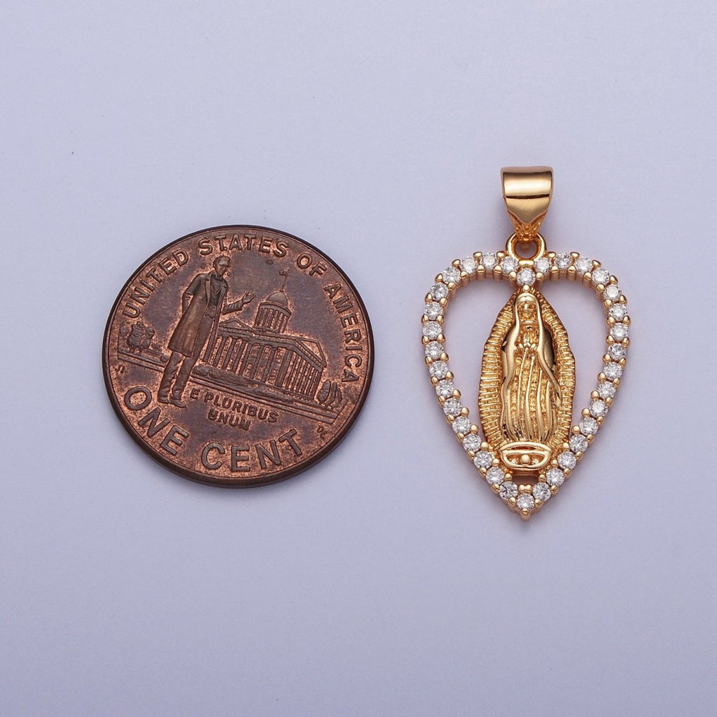 Micro Pave Gold Heart Medallion Lady Guadalupe Pendant Virgin Mary Charm for Catholic Religious Jewelry Making - DLUXCA
