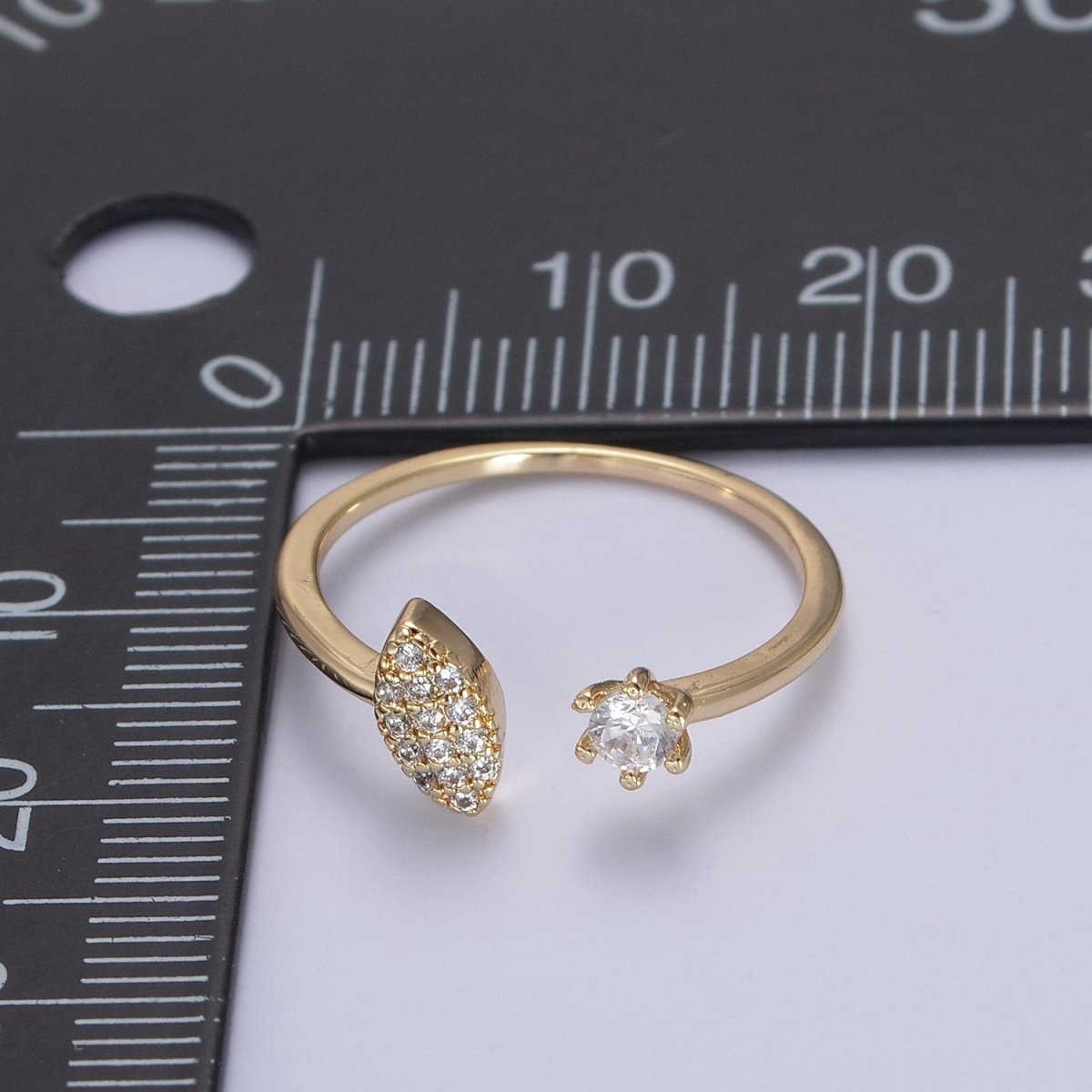 Micro Pave Gold Sharp Angle Oval Open Ring, 16K Gold plated Crystal Cubic Zirconia CZ Statement Ring, Minimalist Stacking Ring U-434 - DLUXCA