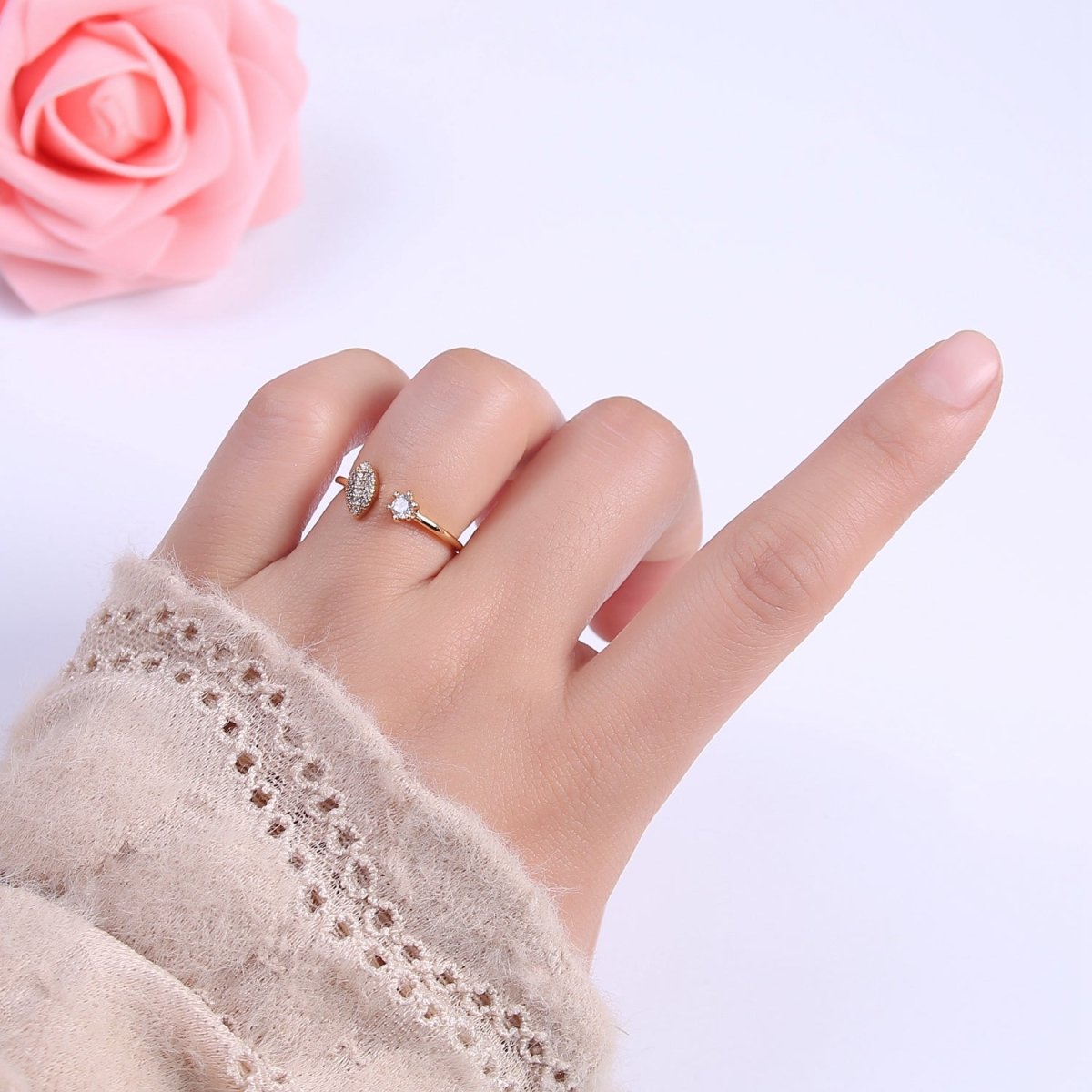Micro Pave Gold Sharp Angle Oval Open Ring, 16K Gold plated Crystal Cubic Zirconia CZ Statement Ring, Minimalist Stacking Ring U-434 - DLUXCA