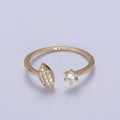Micro Pave Gold Sharp Angle Oval Open Ring, 16K Gold plated Crystal Cubic Zirconia CZ Statement Ring, Minimalist Stacking Ring U-434 - DLUXCA