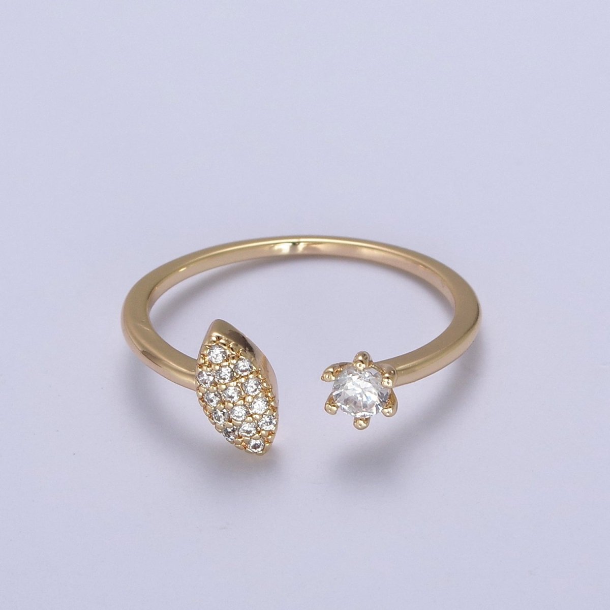 Micro Pave Gold Sharp Angle Oval Open Ring, 16K Gold plated Crystal Cubic Zirconia CZ Statement Ring, Minimalist Stacking Ring U-434 - DLUXCA