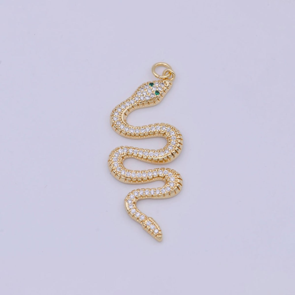 Micro Pave Gold Snake Charm - Dainty serpent Chinese Zodiac pendant viper, 18k gold plated W-172 - DLUXCA