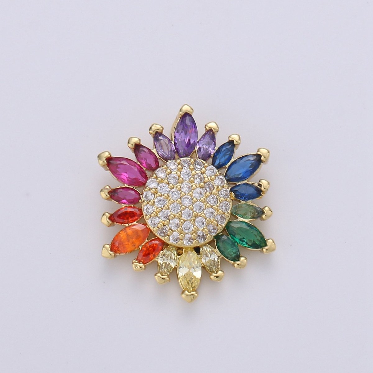 Micro Pave Gold Sunflower Charm Colorful Cubic Zirconia Necklace Pendant 14k Gold plated Rainbow Sun Flower Charm for Jewelry Making D-386 - DLUXCA