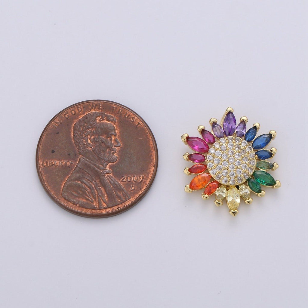 Micro Pave Gold Sunflower Charm Colorful Cubic Zirconia Necklace Pendant 14k Gold plated Rainbow Sun Flower Charm for Jewelry Making D-386 - DLUXCA