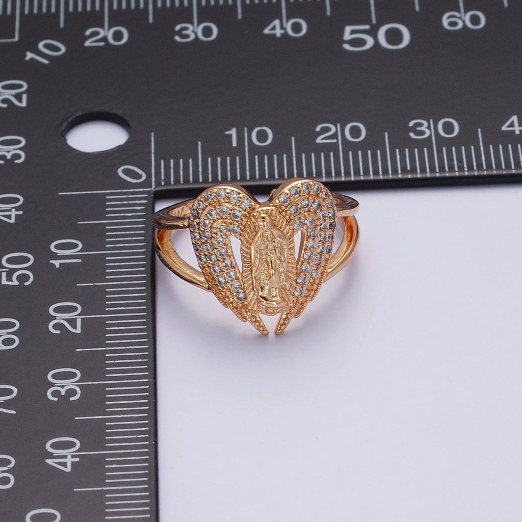 Micro Pave Gold Vintage Lady Guadalupe Ring with Angel Wing for Statement Religious Jewelry O-1989 - DLUXCA