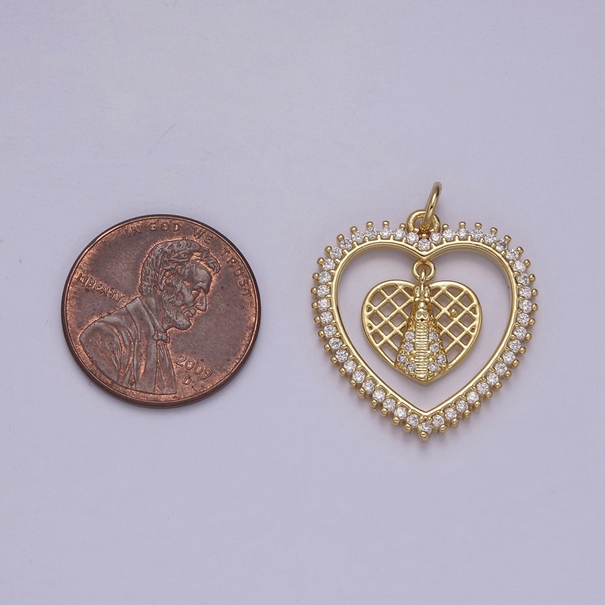 Micro Pave Heart Charm Dangle Dual CZ Heart in 14k Gold plated N-918 - DLUXCA