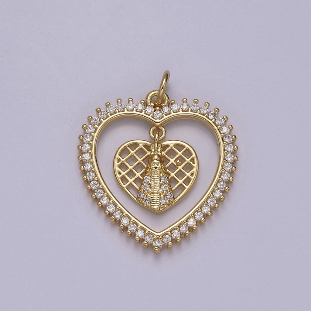 Micro Pave Heart Charm Dangle Dual CZ Heart in 14k Gold plated N-918 - DLUXCA