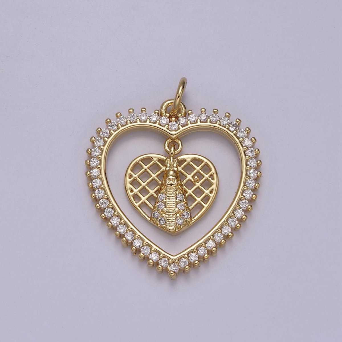Micro Pave Heart Charm Dangle Dual CZ Heart in 14k Gold plated N-918 - DLUXCA