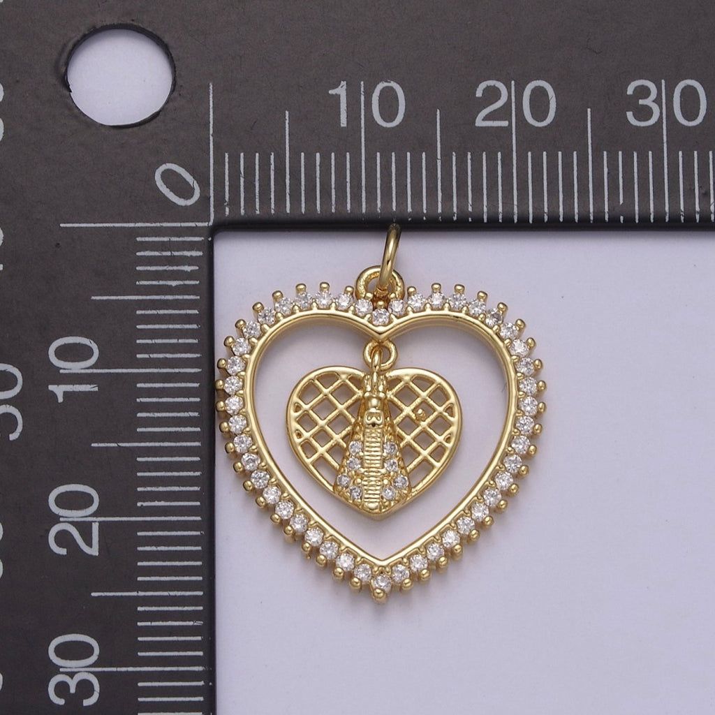 Micro Pave Heart Charm Dangle Dual CZ Heart in 14k Gold plated N-918 - DLUXCA