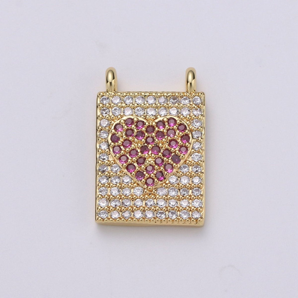Micro Pave Heart Charm for Necklace Gold Heart Banner charm with double bail connector F-402 - DLUXCA