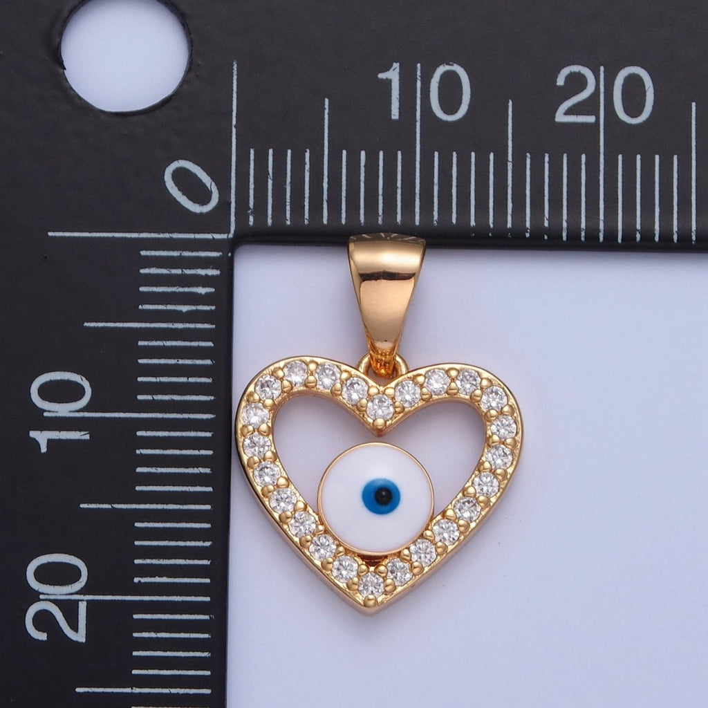 Micro Pave Heart Evil Eye Pendant, 16K Gold plated Cubic Zirconia CZ Love & Enamel Protection Eye of Ra Pendant Charm H-075 - DLUXCA