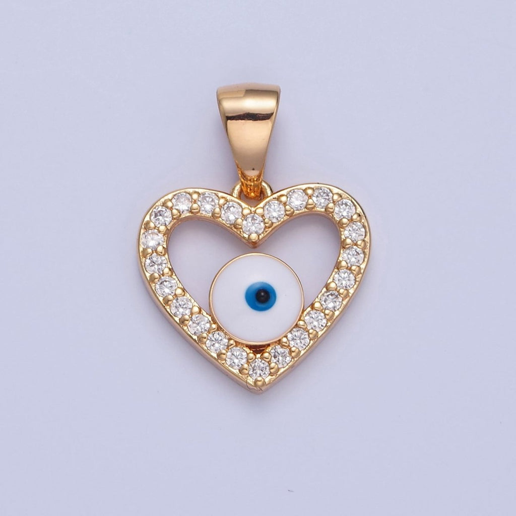 Micro Pave Heart Evil Eye Pendant, 16K Gold plated Cubic Zirconia CZ Love & Enamel Protection Eye of Ra Pendant Charm H-075 - DLUXCA