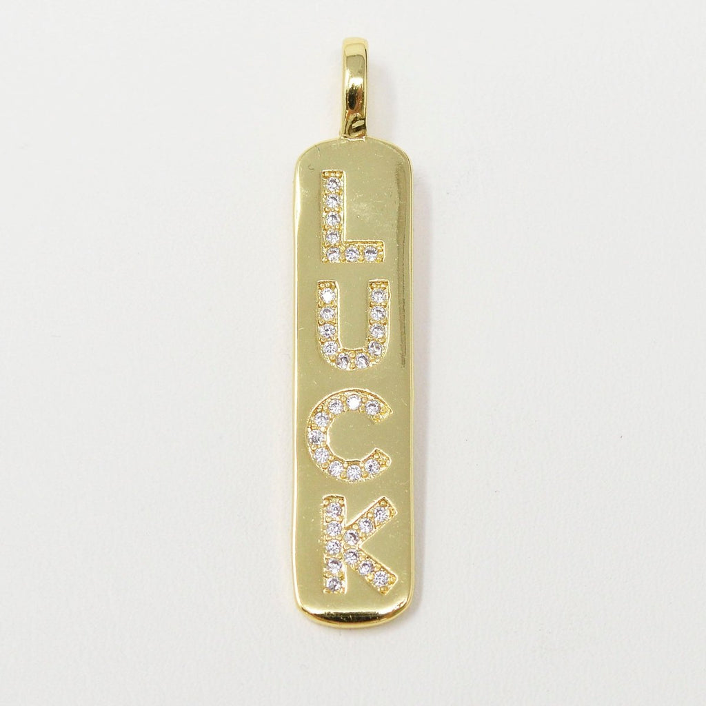 Micro Pave Luck Word Charm Rectangle in 14k Gold plated Drop Pendant Long Encouragin Word Girl Charm for Necklace Earring Component, J-278 - DLUXCA