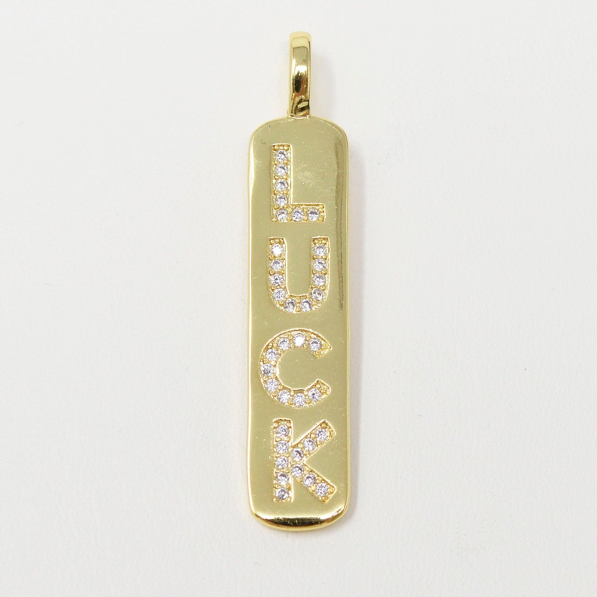 Micro Pave Luck Word Charm Rectangle in 14k Gold plated Drop Pendant Long Encouragin Word Girl Charm for Necklace Earring Component, J-278 - DLUXCA