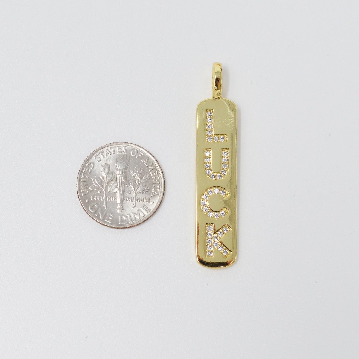 Micro Pave Luck Word Charm Rectangle in 14k Gold plated Drop Pendant Long Encouragin Word Girl Charm for Necklace Earring Component, J-278 - DLUXCA