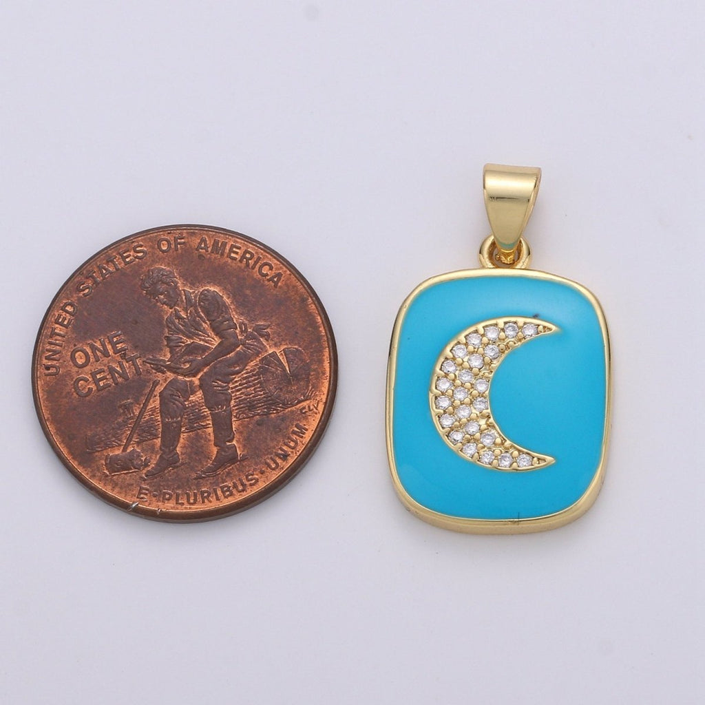 Micro Pave Pink Enamel Moon Charm Pendant, Enamel Crescent moon Pendant, 14K gold plated Celestial Charm Pastel Pendant Necklace Bracelet J-044,J-045
