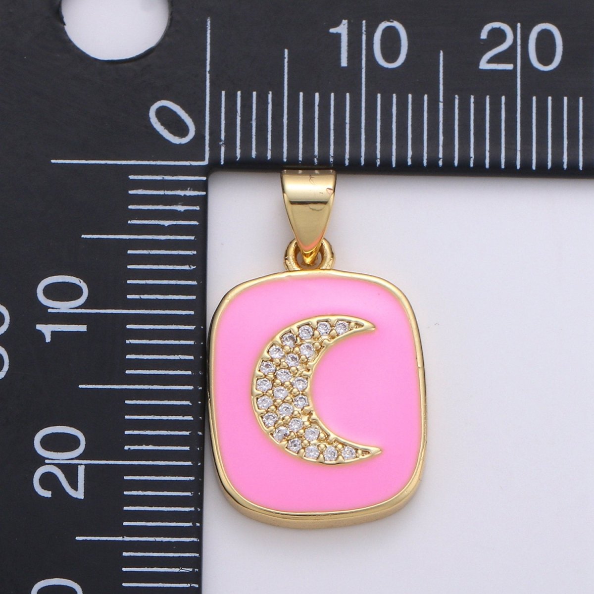 Micro Pave Pink Enamel Moon Charm Pendant, Enamel Crescent moon Pendant, 14K gold plated Celestial Charm Pastel Pendant Necklace Bracelet J-044,J-045