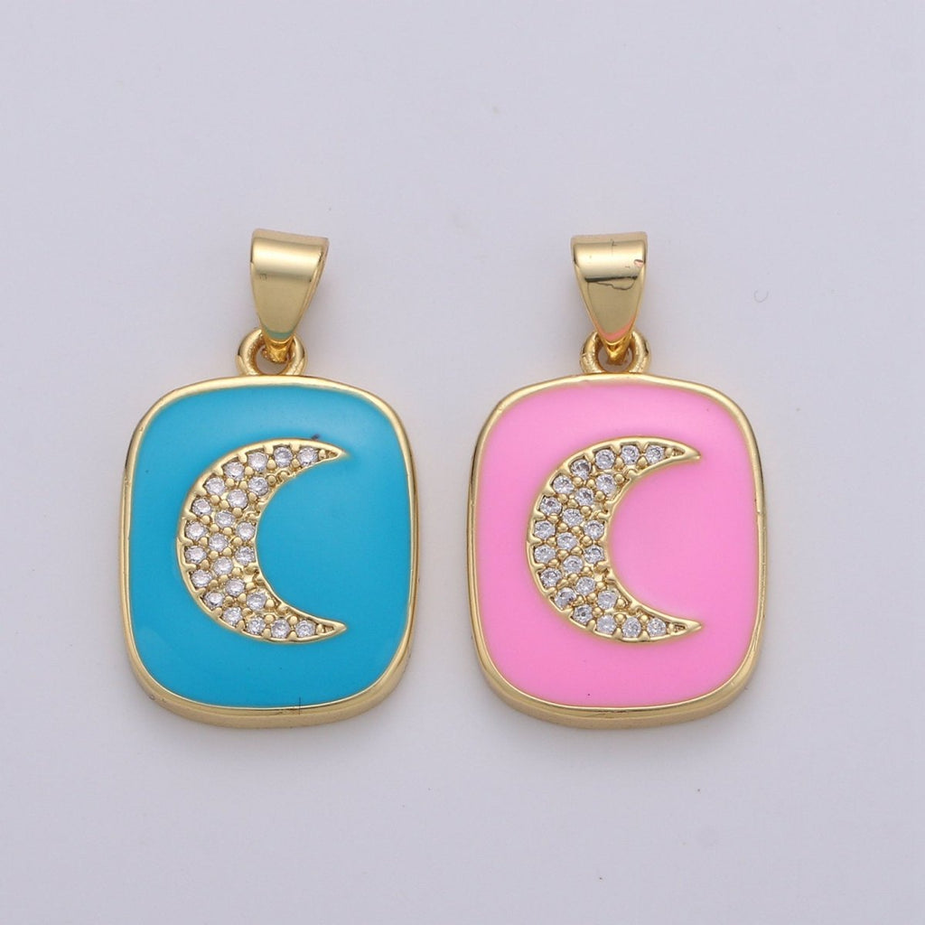 Micro Pave Pink Enamel Moon Charm Pendant, Enamel Crescent moon Pendant, 14K gold plated Celestial Charm Pastel Pendant Necklace Bracelet J-044,J-045
