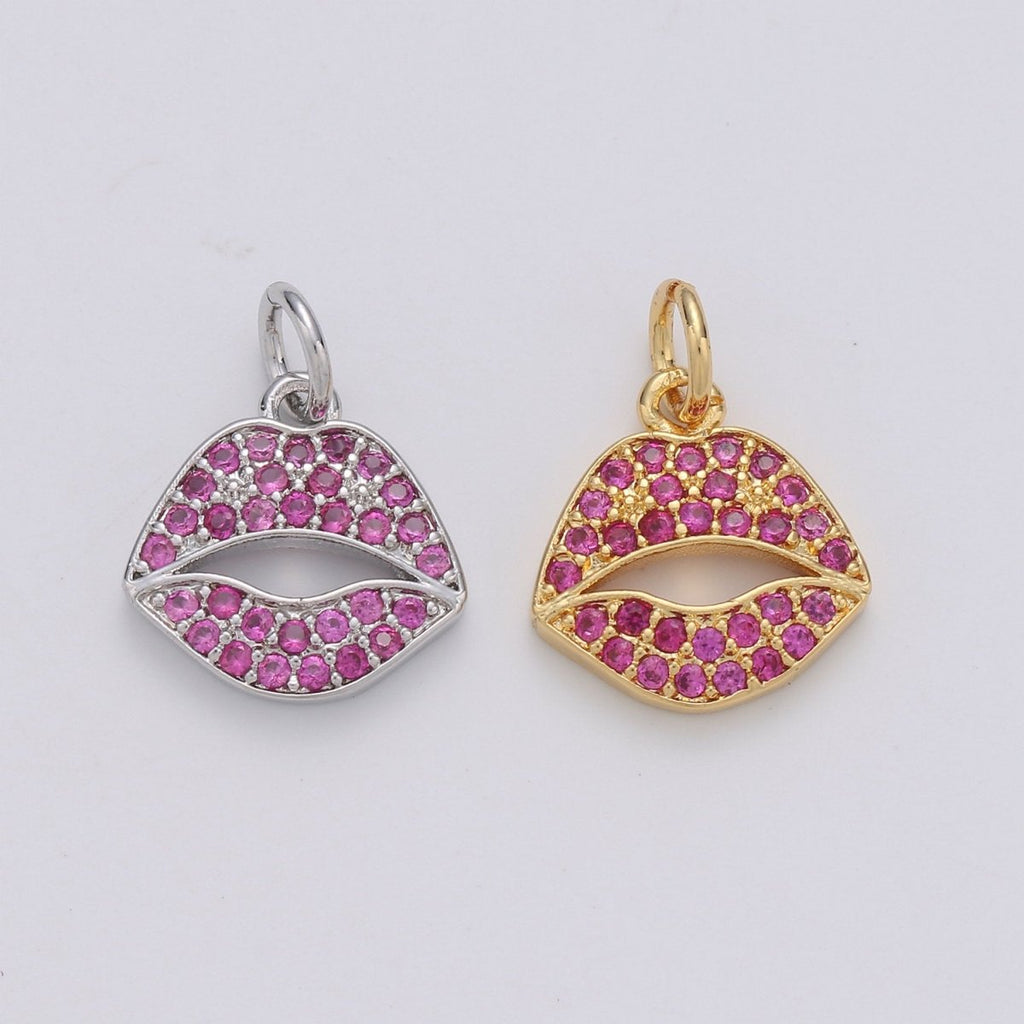 Micro Pave Pink Lips Charm in 14k Gold plated for Bracelet Earring Necklace Charm Supply / Silver Lips Charm Kiss jewelry, D-188 D-189