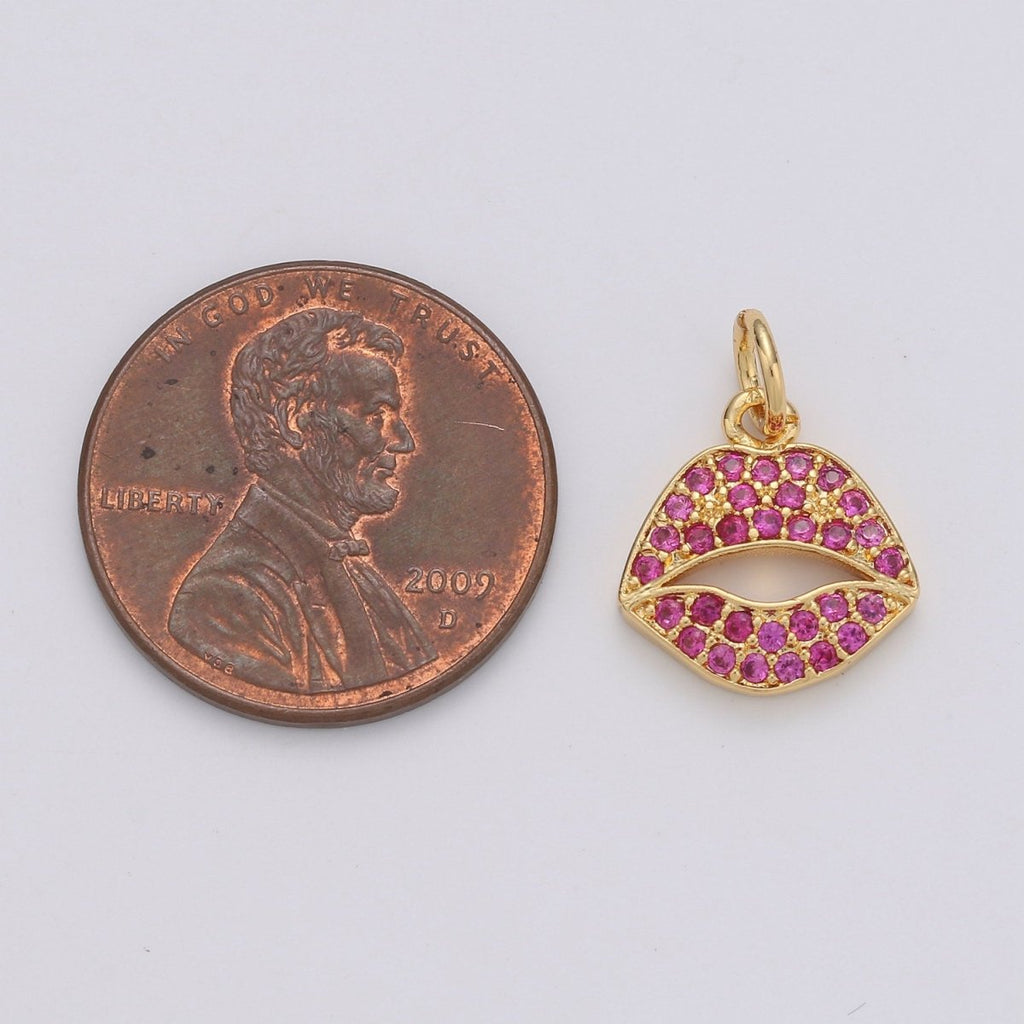 Micro Pave Pink Lips Charm in 14k Gold plated for Bracelet Earring Necklace Charm Supply / Silver Lips Charm Kiss jewelry, D-188 D-189