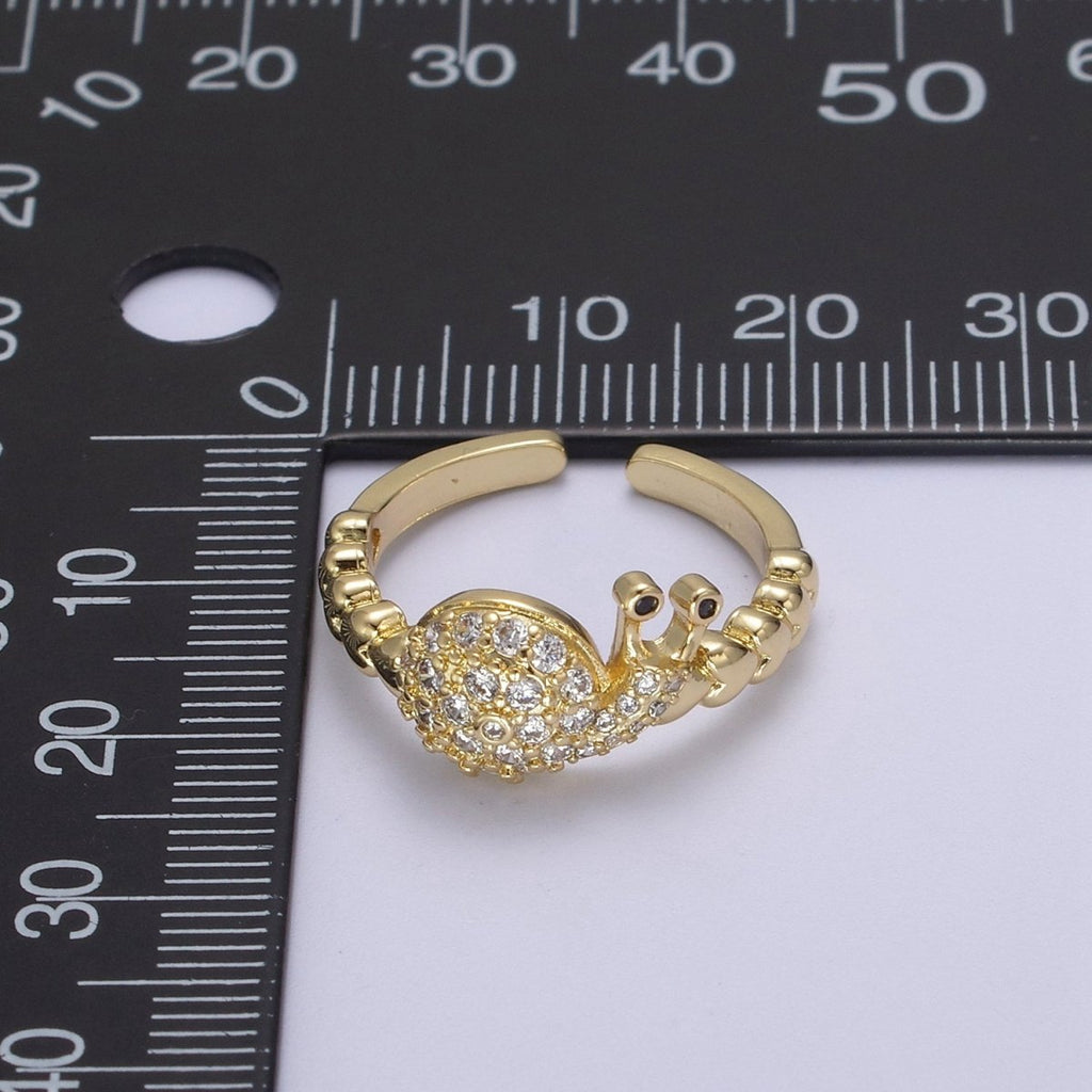 Micro Pave Snail Ring, Heart Textured Gold Adjustable Band Ring, 24K Gold plated Nature Ocean Wildlife Under The Sea Ring U-441 - DLUXCA