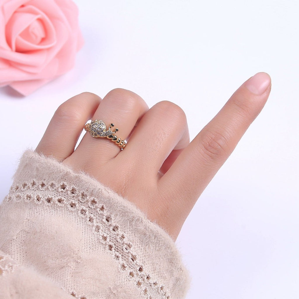 Micro Pave Snail Ring, Heart Textured Gold Adjustable Band Ring, 24K Gold plated Nature Ocean Wildlife Under The Sea Ring U-441 - DLUXCA