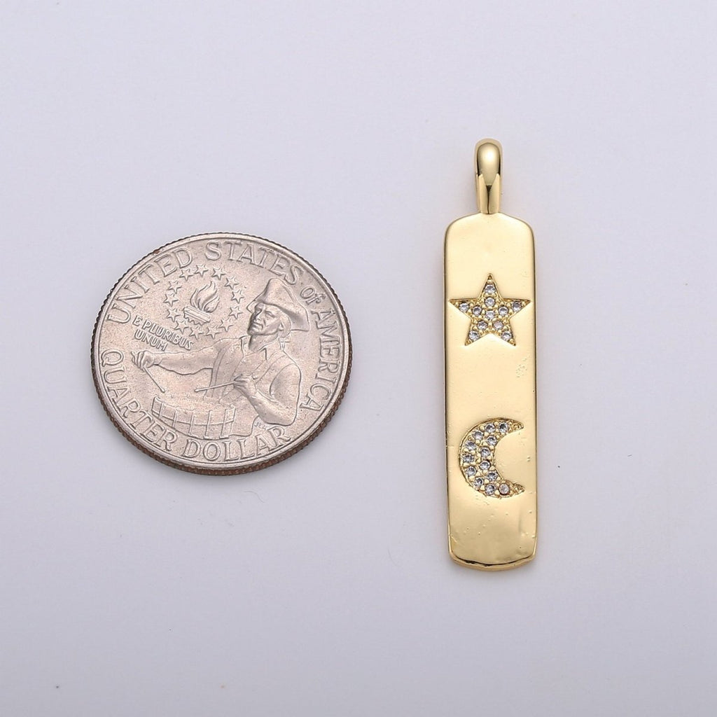 Micro Pave Star Charm Rectangle Tag in 14k Gold plated Drop Pendant Long Celstial Charm for Necklace Component I-707 - DLUXCA