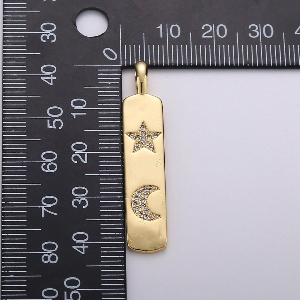 Micro Pave Star Charm Rectangle Tag in 14k Gold plated Drop Pendant Long Celstial Charm for Necklace Component I-707 - DLUXCA