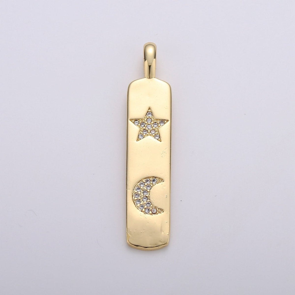 Micro Pave Star Charm Rectangle Tag in 14k Gold plated Drop Pendant Long Celstial Charm for Necklace Component I-707 - DLUXCA