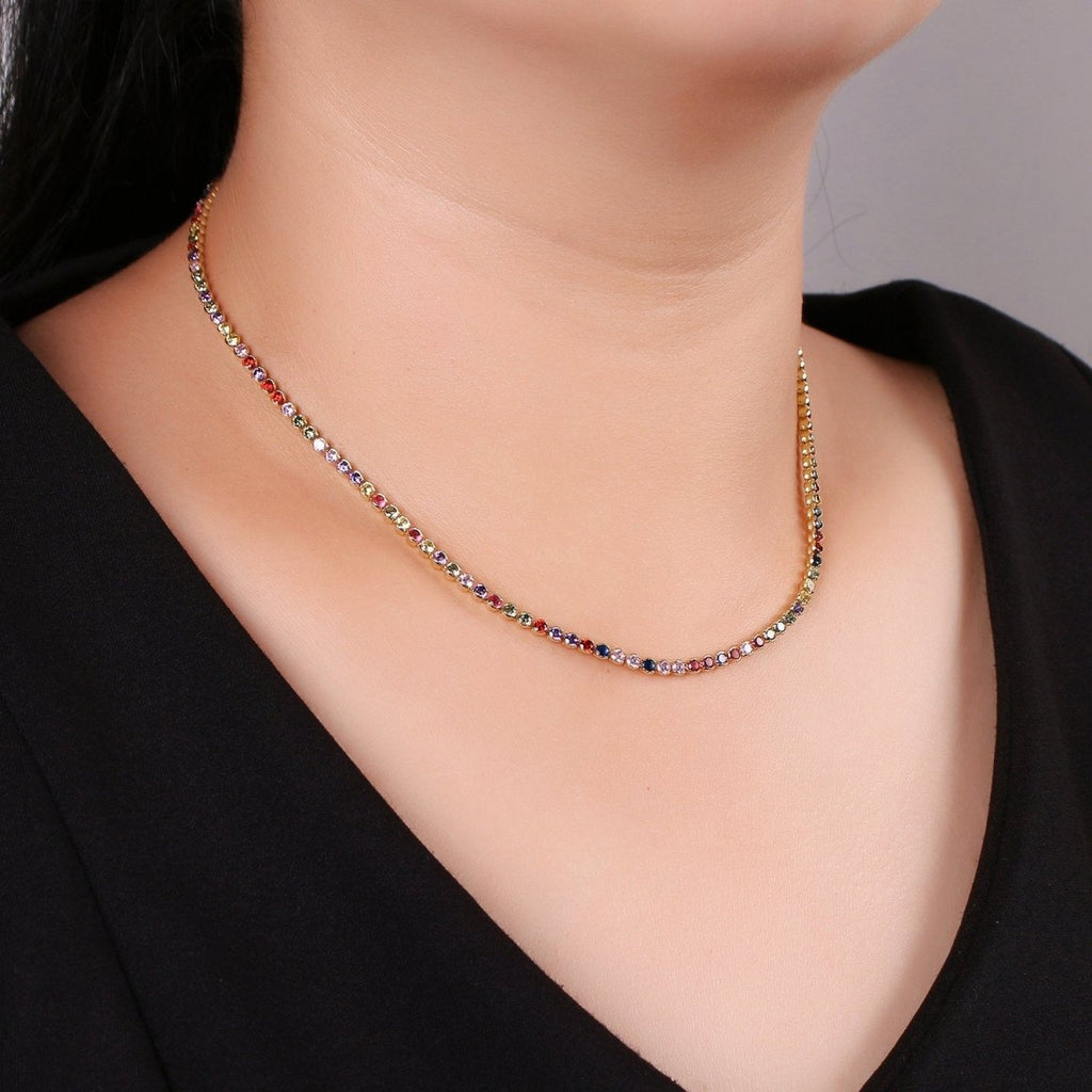 Micro Pave Tennis Chain / 14k Gold plated / Micro Pave Choker Chain / Tennis Chain Choker Necklace Multi Color Rainbow CZ Chain | CN-779, CN-896 Clearance Pricing - DLUXCA