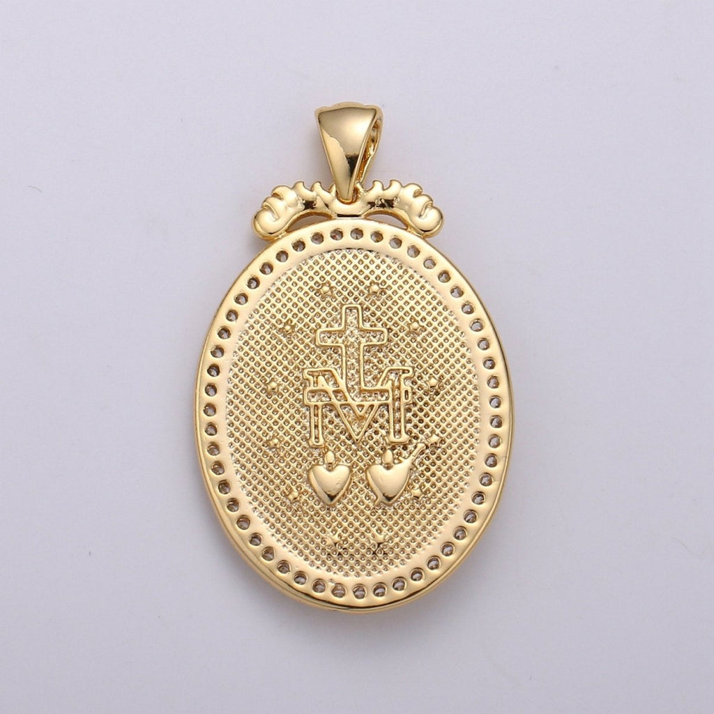 Micro Pave Virgin Mary Pendant Holly Mary 14K Gold plated Charm Religious medallion, oval pendant, Mother Maria, religious jewelry J-120 - DLUXCA